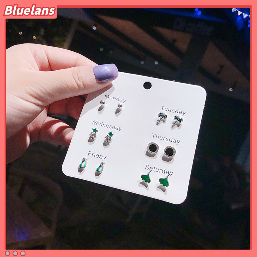 6 / 7 Pasang Anting Stud Bentuk Hati Aksen Mutiara Berlian Imitasi Untuk Wanita