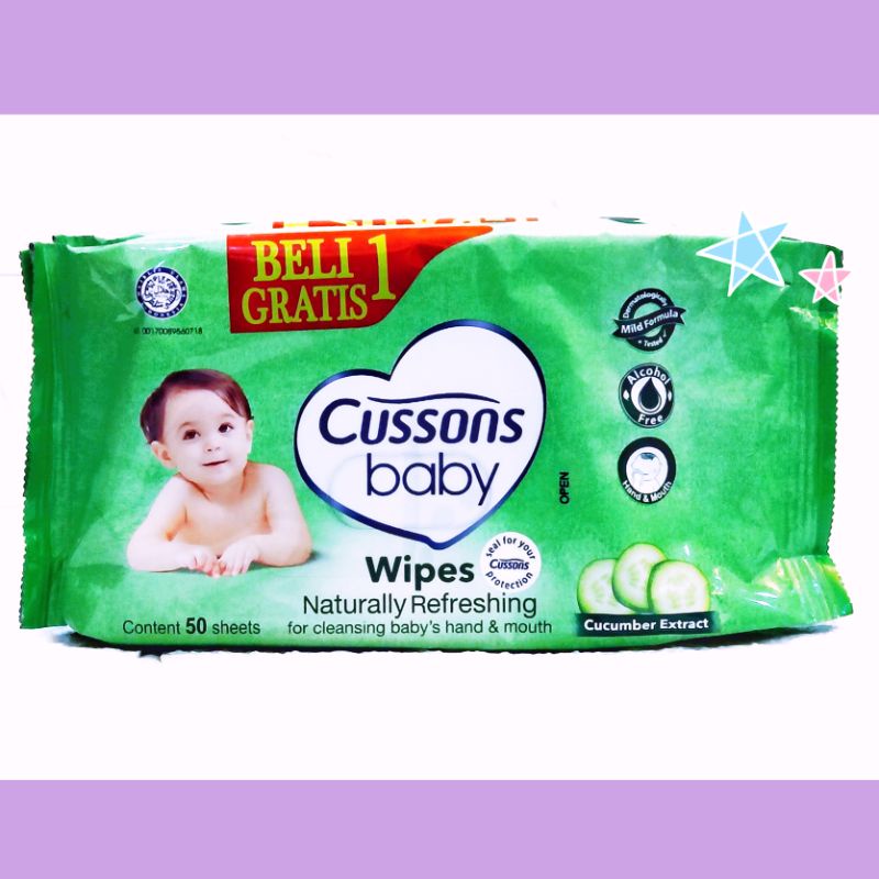 Cussons Baby wipes Hijau, Naturally Refreshing, Cucumber Extract, 50 sheets