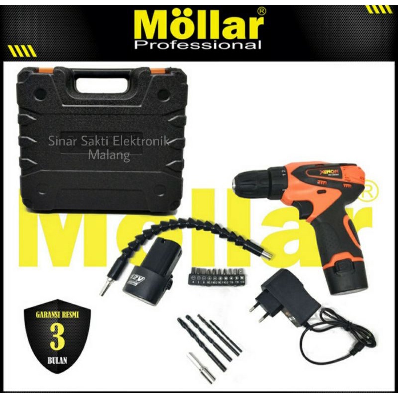 Mesin Bor Cordless Cas Charger 12v Drill Set Mata Bor Baterai Xenon Mollar