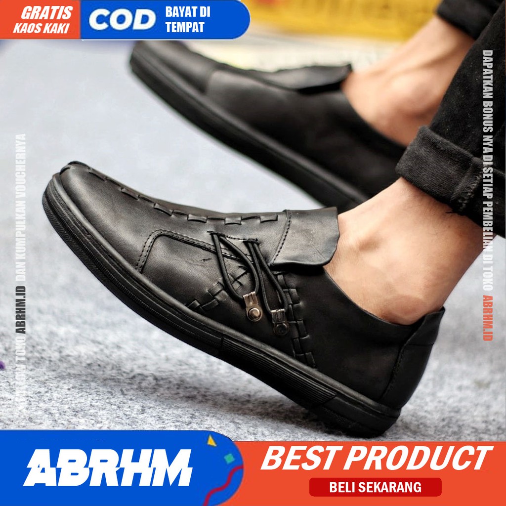 ABRHM ALIGA Sepatu Slip On Pria Sepatu Pria Casual Kulit Asli Cowo/Cowok Sepatu Kasual Kerja Semi Formal Anti Slip Gaya Keren Kekinian Murah Terlaris