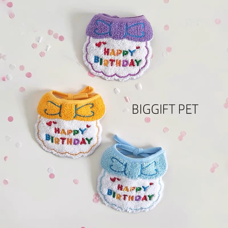 Colorful Bow Topi Happy Birthday Hat Bibs Slabber Saliva Cloth Towel for Pet Cat Dog