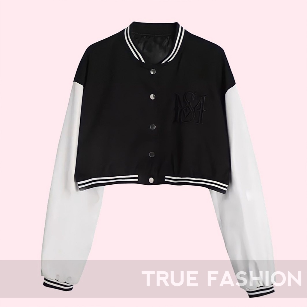 Jaket Baseball Crop Wanita - Bahan Fleece - Allsize - Varsity Jacket-1