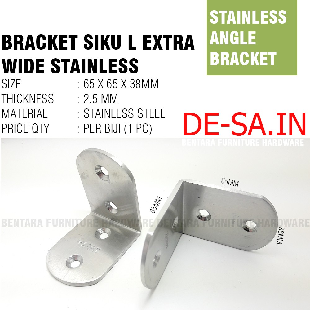 Harfit 65 MM Siku Lebar Stainless Steel Braket Siku 65 x 65 x 38 MM - L-Shaped Angle Bracket  Rak Ambalan