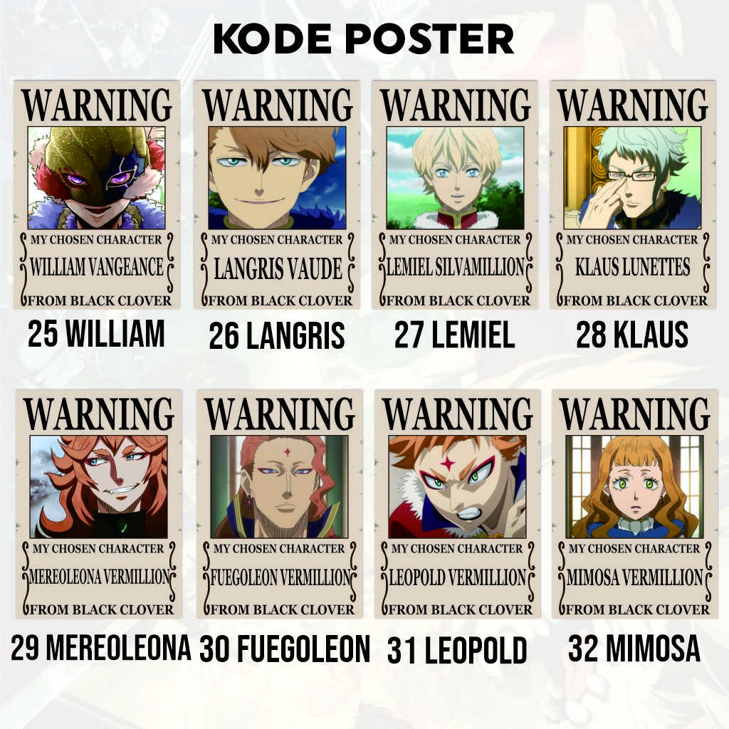 Poster Anime Warning Black Clover Koleksi A4 - Asta Yuno Yami Noelle Nacht Secre-7