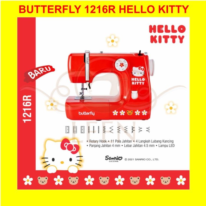 Mesin Jahit HELLO KITTY Butterfly 1216R Portable Multifungsi Anak LEEN