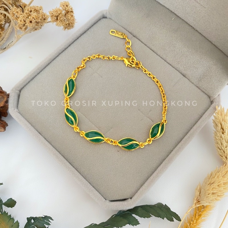 Gelang Permata Giok Asli Bahan Tembaga Lapis Emas Hongkong