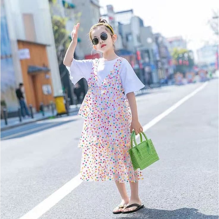 Promo !! Dress anak import trendy / dress polka colorful layer ukuran 3-6tahun