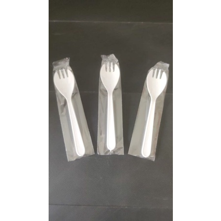 Spork Steril 2 in 1/ Sendok Garpu Plastik Putih 2 in 1 Isi 100pcs