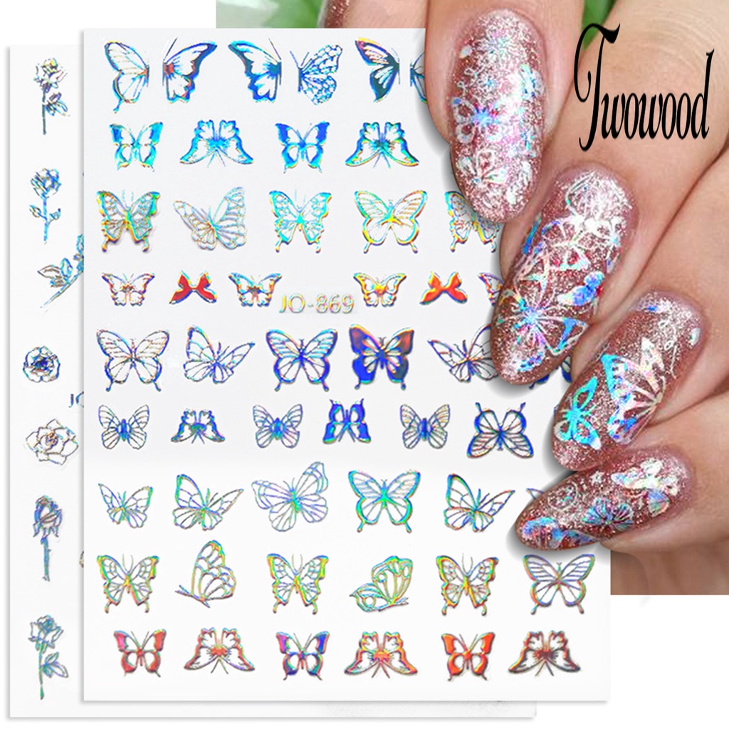 Twowood Stiker Kuku Tahan Air Motif Bunga / Kupu-Kupu / Hati Untuk Nail Art DIY