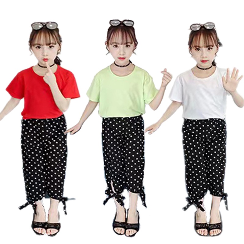 Stok bersih！ 3-13T Setelan Anak Perempuan Cewek Kaos Back Bowknot Warna Solid Lucu + Set Celana Hitam Dot Bandage