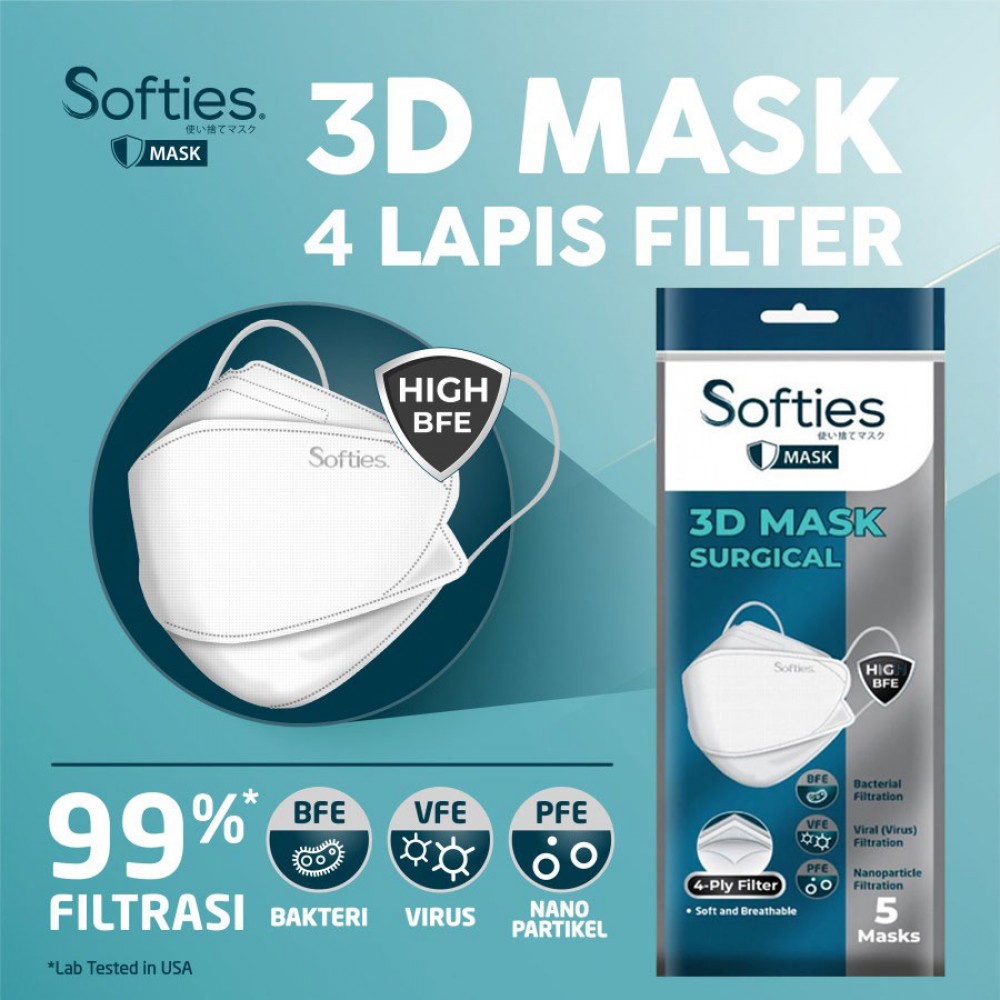 Softies 3D Surgical Mask 4 ply KF94 Masker Medis Dewasa - 5 Pcs