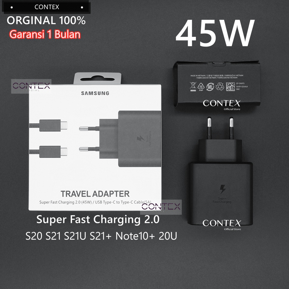 Charger Samsung 45W S21 S20 Ultra S20+ / Galaxy Note 10 Plus / 20 Ultra Type c 45W Super Fast Charging Original100%