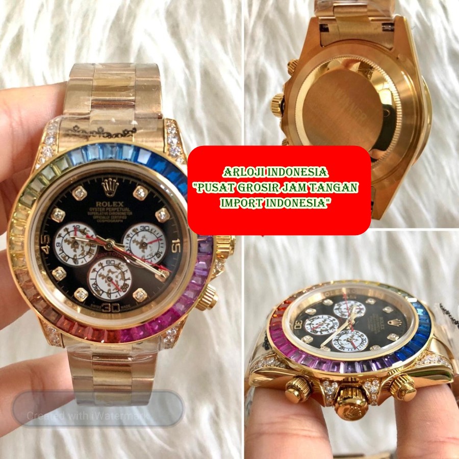 Hot Sale Jam Tangan Pria ROLEX Daytona Rainbow Matic Gold Garansi 1th