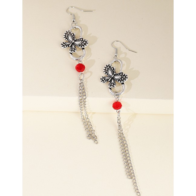 LRC Anting Gnatung Fashion Ancient Silver Tassel Butterfly Diamond Hollow Alloy Earrings K43714