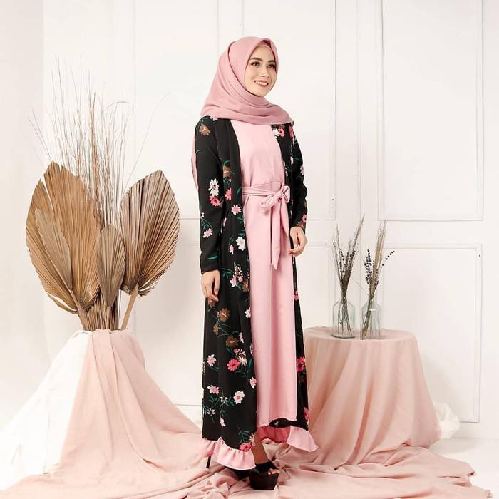 Gamis Dress Wanita Motif Bunga Hitam