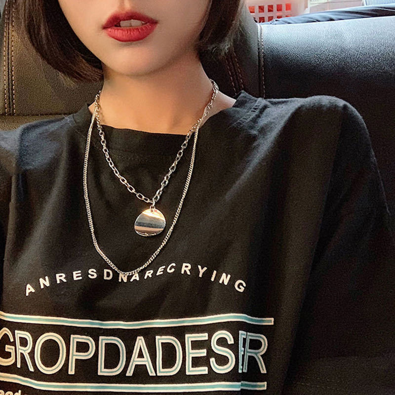 Kalung Rantai Klavikula Liontin Lingkaran Bahan Alloy Lapis Ganda Warna Emas Perak Gaya Hip Hop Untuk Wanita