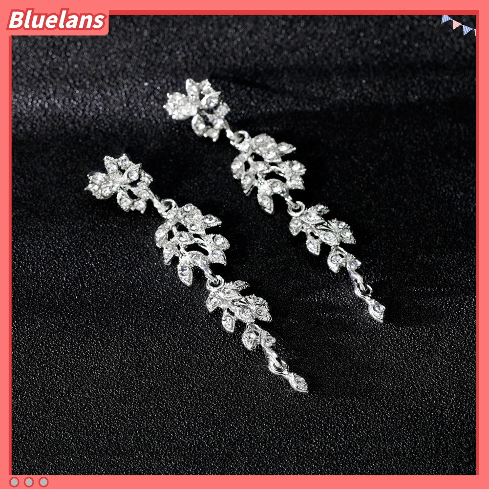 Bluelans Set Perhiasan Kalung Anting Berlian Imitasi Bentuk Daun Untuk Pengantin Wanita