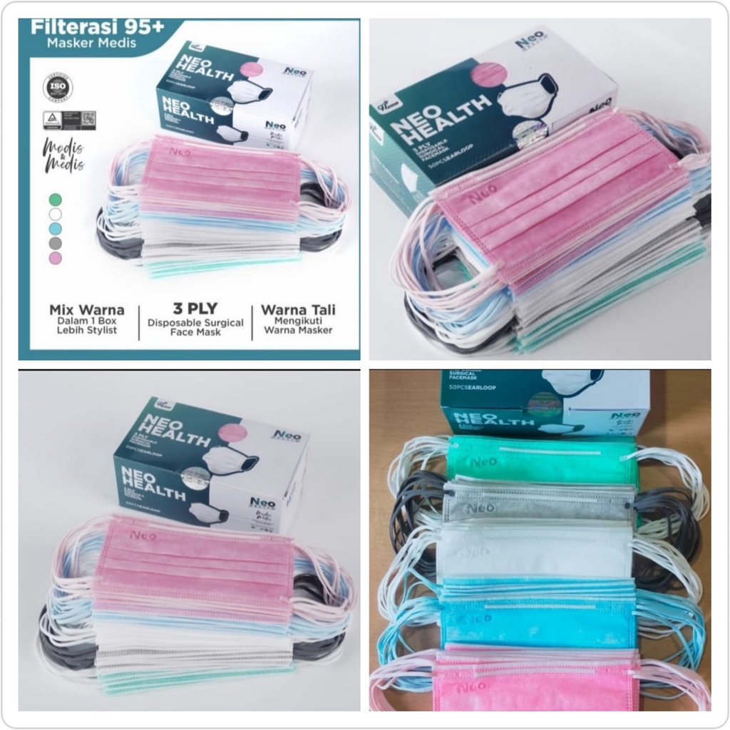 MASKER MEDIS &amp; MODIS NEO HEALTH 3 PLY SURGICAL FACE MASK MIX COLOUR 1 BOX 50 PCS EARLOOP / HEADLOOP