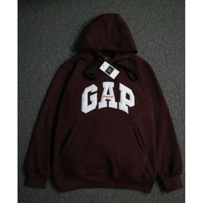 HOODIE GAP MAROON BORDIER PUTIH MOTIF ORIGINAL SWEATER UNISEX CEWEK COWOK TERLARIS