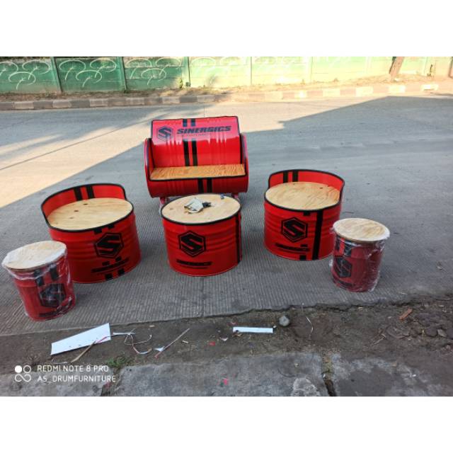 Satu set bangku dan meja drum dudukan kayu custom sticker