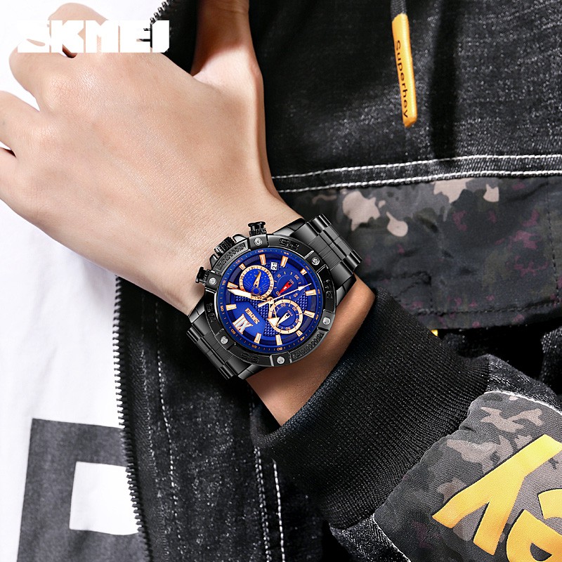 SKMEI 9235 Jam Tangan Pria Analog Chronograph Casual Quartz Tali Stainless WATCHKITE WKOS