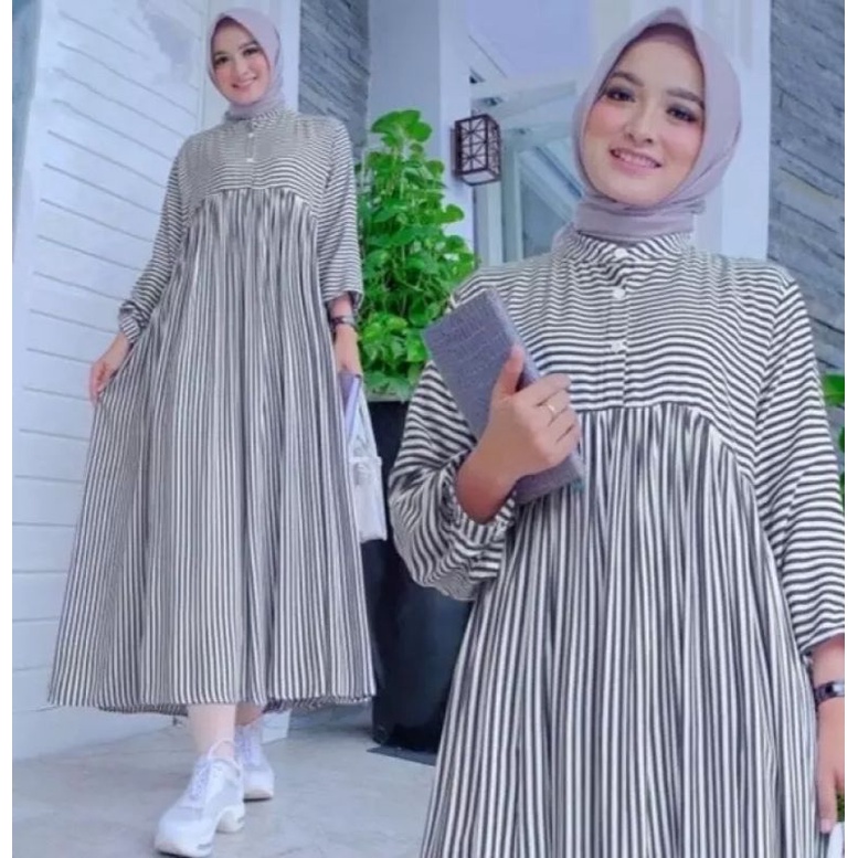 Midi Dress Tania// Dress Wanita Motif Salur// Dress Terbaru// Dress Murah Kekinian