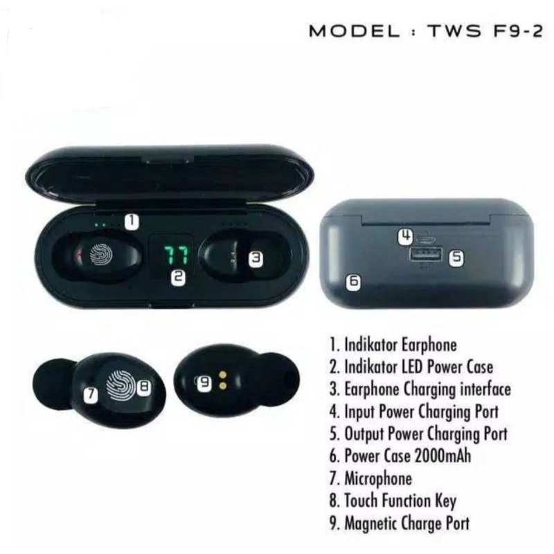 Headset Bluetooth TWS F9-2 LED Wireless Headset F9 2 Touch