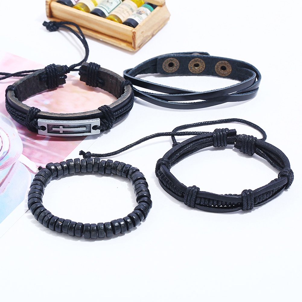 Hu Hu Hu Hu Hu Alat Bantu Pasang Kacamata♡ 4pcs / Set Gelang Tali Kulit Imitasi Multilayer Adjustable Untuk Pria