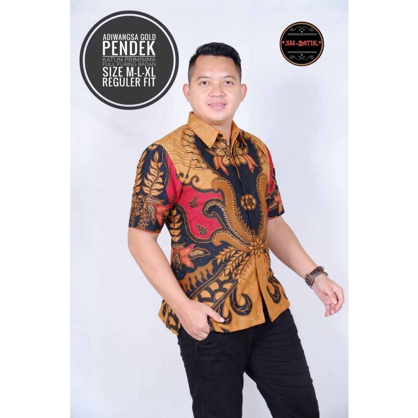 Batik lengan pendek terbaru 2022 warna gold / kemeja batik pria lengan pendek warna emas / hem batik pria gold / baju batik pendek warna emas / kemeja batik kerja terbaru / kemeja batik pesta warna emas ADIWANGSA