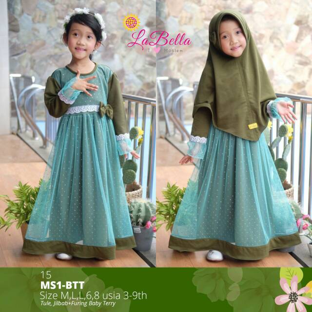 gamis labella // pakaian anak// baju anak labella// baby terry tutu warna hijau botol