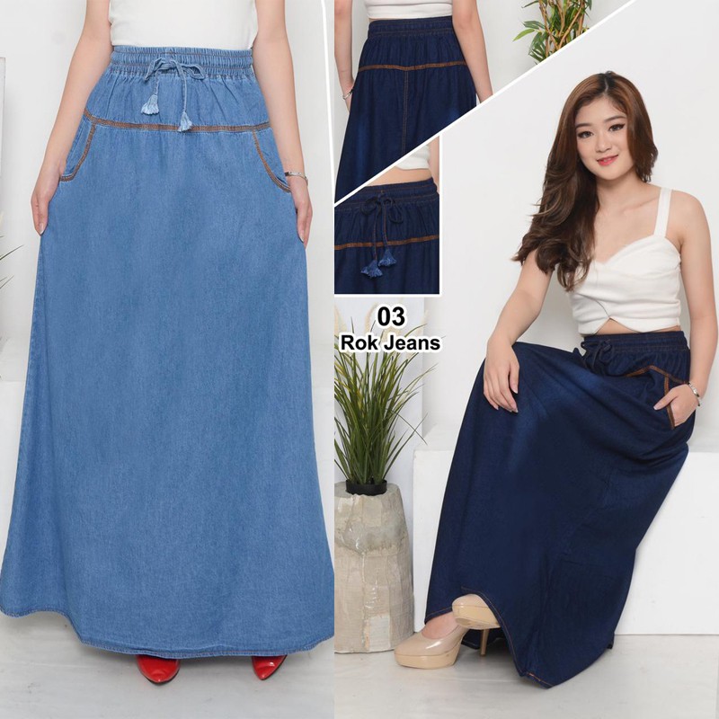 Rok Jeans Panjang Wanita Pinggang Karet Kekinian - Rok Panjang Wanita Cewek Fashion-2