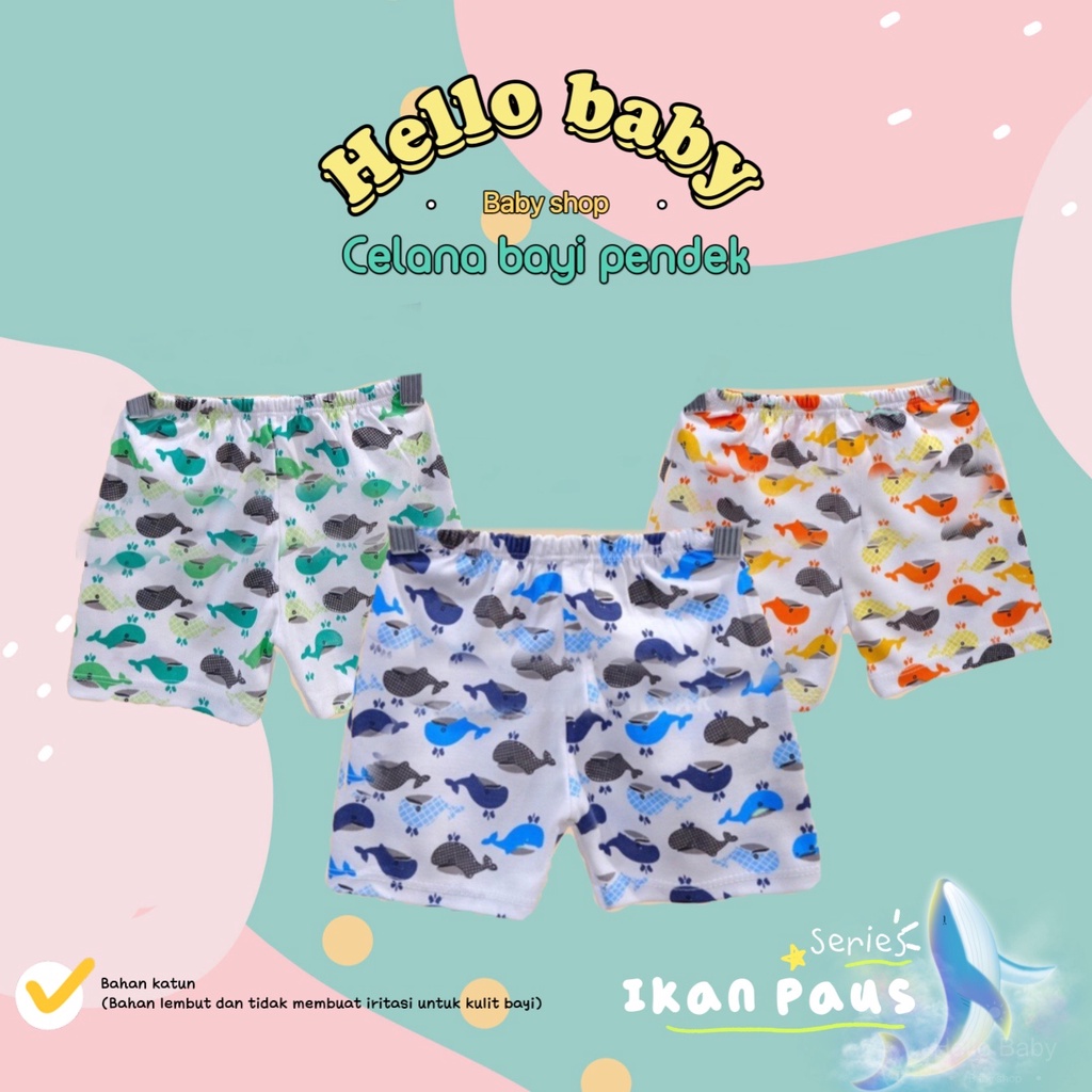 BAJU BAYI TANGAN PENDEK DAN CELANA PENDEK BAYI MOTIF PAUS SIZE 0 - 3 BULAN SNI SAFFENDA