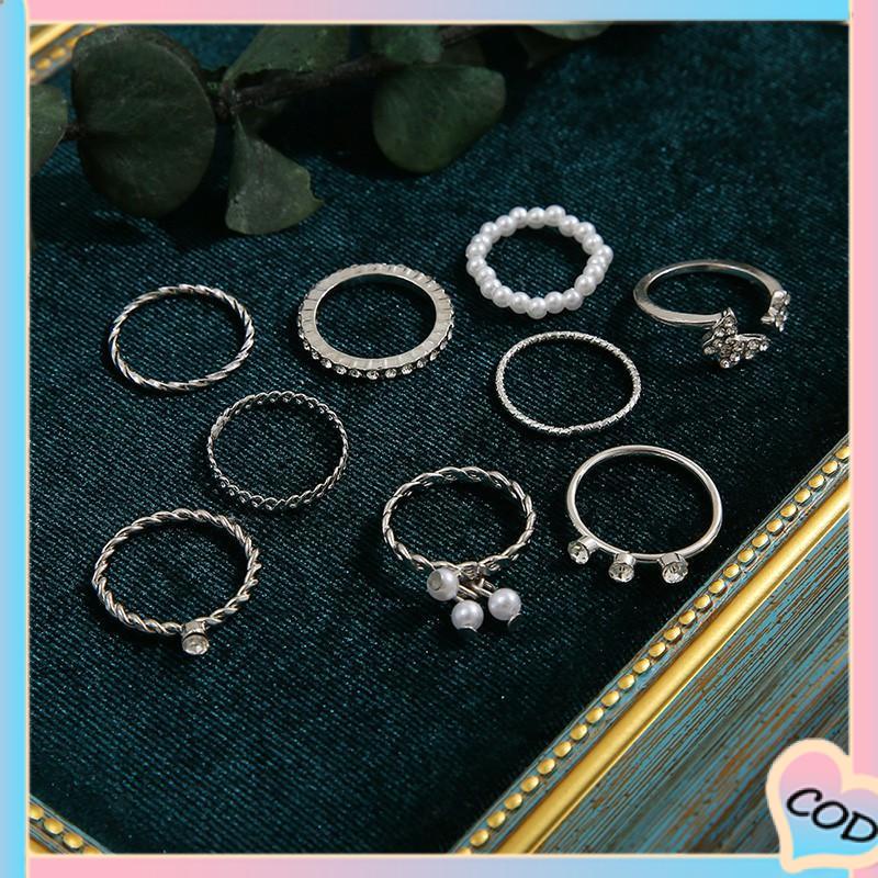 COD❤️ 9 PCS Wanita Tipis Berongga Mutiara Kristal Kupu-kupu Berlian Premium Knuckle Ring Set-A.one