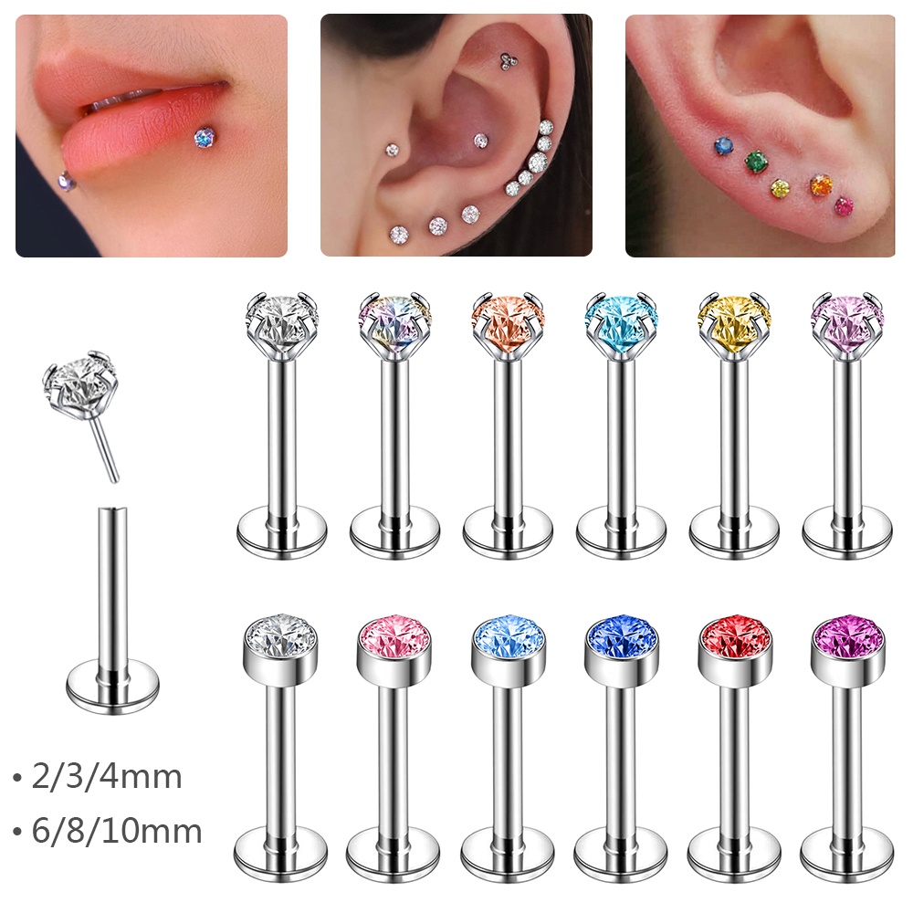 10-12pcs / lot Anting Tindik Bibir / Tulang Rawan Bahan Stainless Steel Hias Kristal Warna-Warni