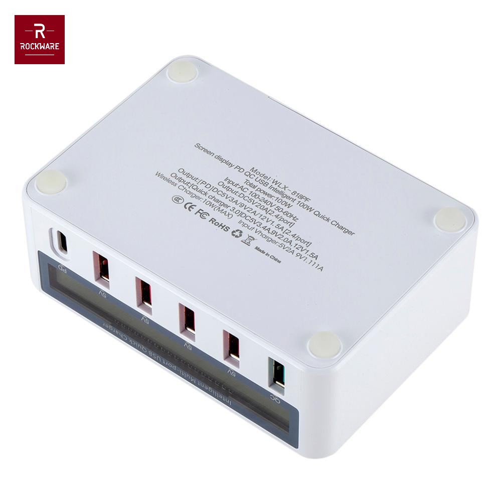 ROCKWARE 818PF Charger 5 USB-A and 1 PD 18W Wireless Charge - 100W 8A - Charger Multiport Universal