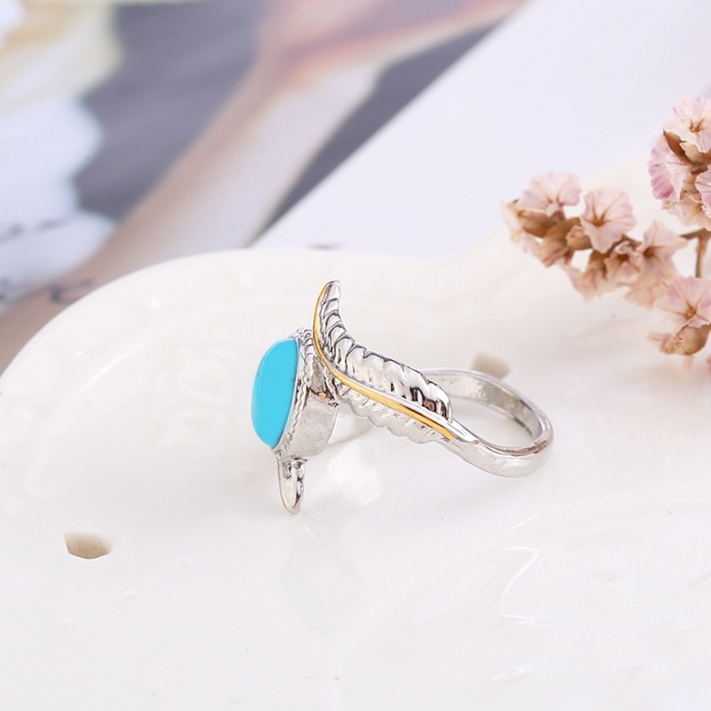 Hu Hu Hu Hu Hu Alat Bantu Pasang Kacamata♡ Cincin Vintage Bentuk Bulu Bahan Alloy Hias Batu Turquoise Untuk Pasanganpriawanita