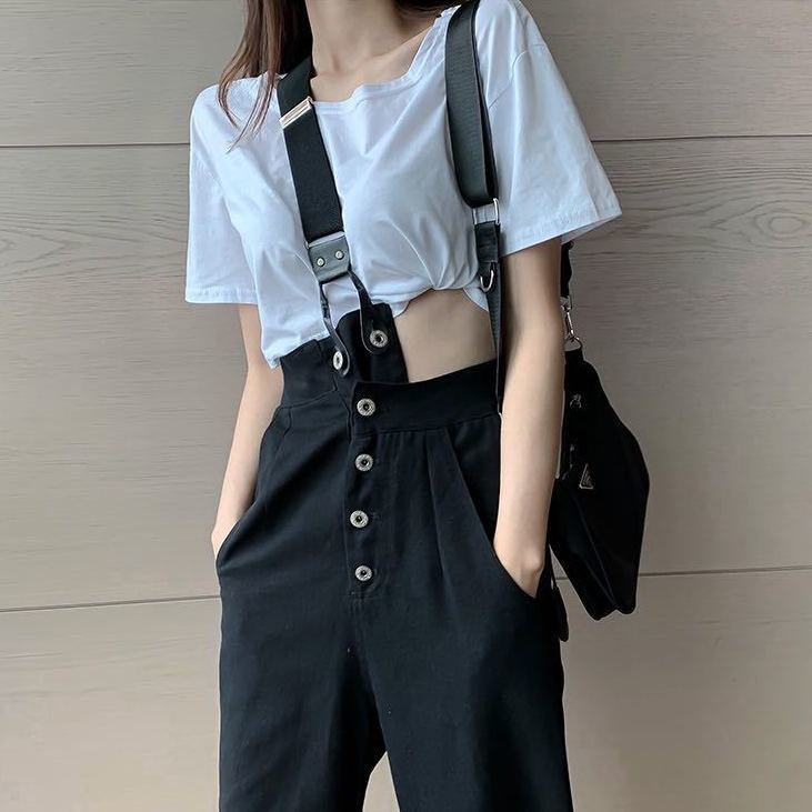 Overall denim 2022 baru celana sembilan titik wanita versi Korea celana kepribadian satu bahu longga