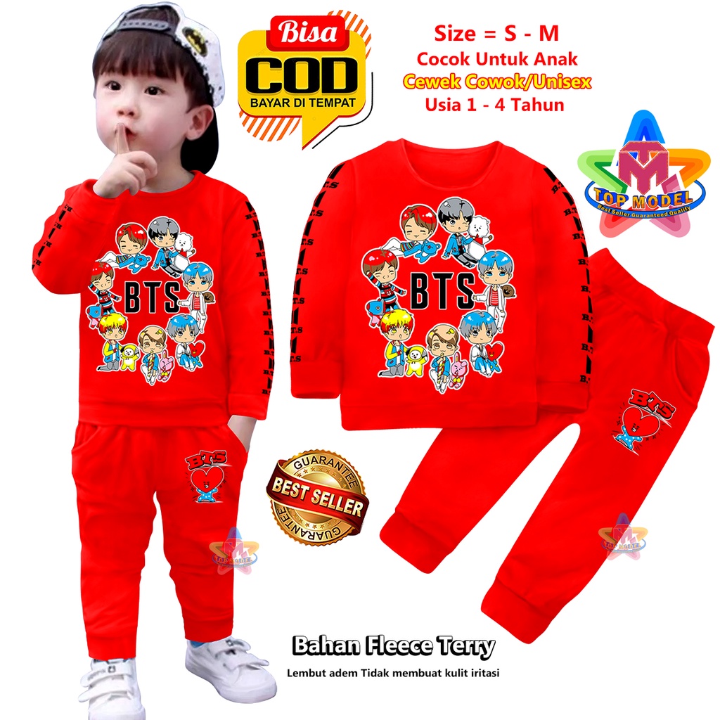 Setelan Baju Anak BTS BT21 UNISEX 1-4 Tahun Cewek Cowok,TM0004 B terbaru dan termurah Bahan Fleece Terry