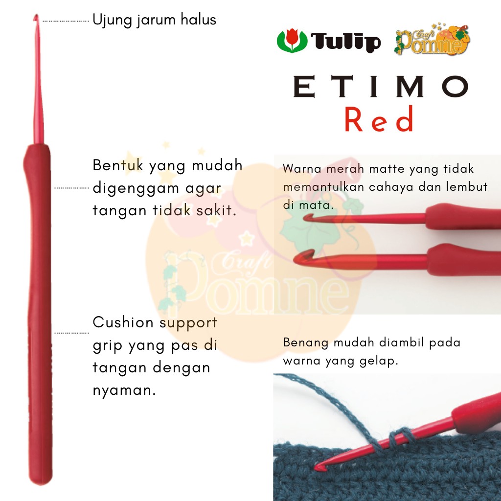 TULIP ETIMO RED (satuan) PREMIUM CROCHET HOOK MADE IN JAPAN Jarum Rajut Hakpen Crochet Hook with Cushion Grip