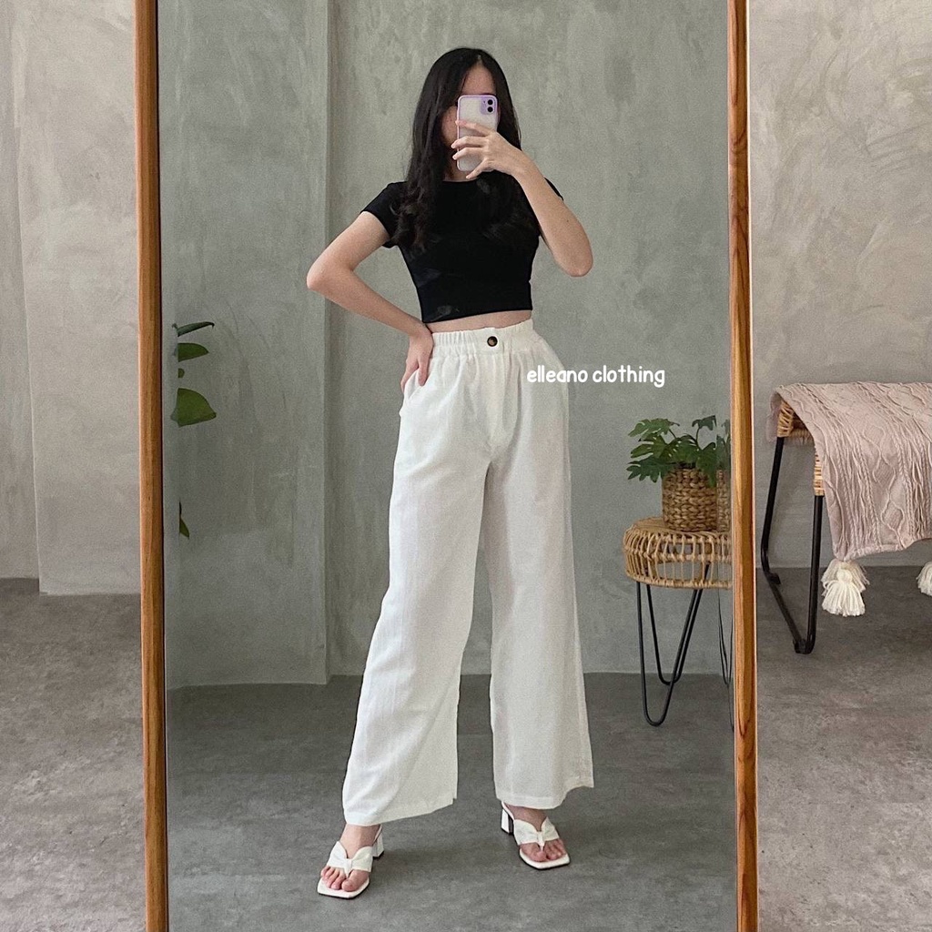 Elena Cullote Pants | Celana Panjang Kulot Wanita | Celana Panjang Linen Premium Highwaist | Linen Wide Leg Cullote Pants-White