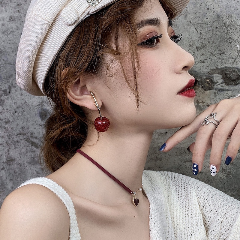 Anting Stud Panjang Desain Cherry Merah Bahan 925 Silver Needle Gaya Hipster Korea Untuk Wanita