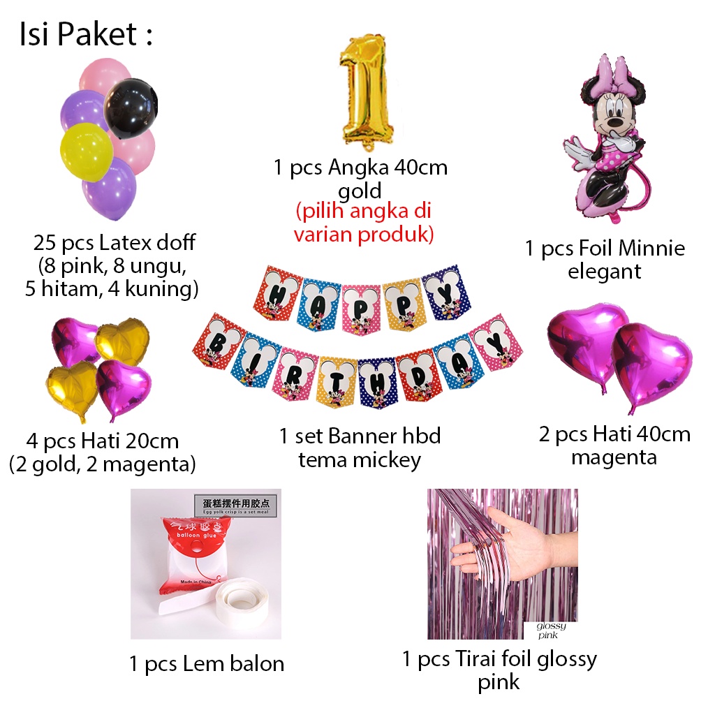 [PAKET] Set Ulang Tahun Anak BANNER ELEGANT MICKEY/MINNIE Dekorasi Balon Hiasan Pesta