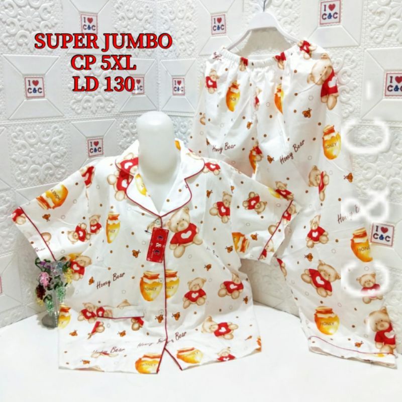 CNC - BAJU TIDUR WANITA PIYAMA CP SUPER JUMBO 5XL/LD 130/MICRO-Honey bear merah