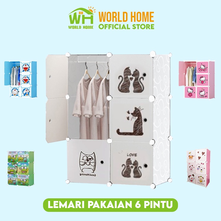 Lemari Pakaian 6 Pintu + Gantungan Baju Lemari Plastik Portable Lemari Pakaian Motif Karakter