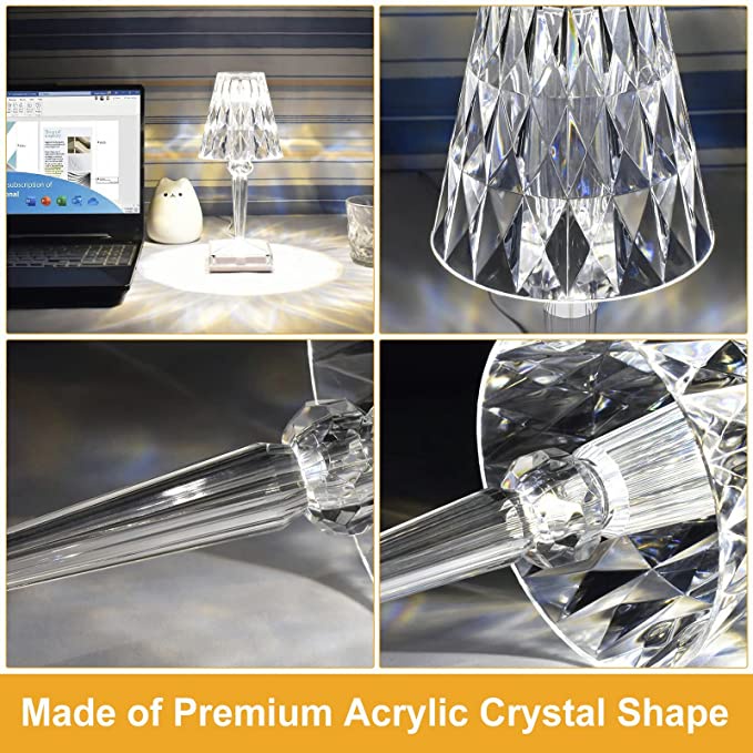 COD !!  Crystal Table Lamp Acrylic Tricolor Diamond Lampu Bedside Night Light Wireless USB Rechargeable Adjustable Lampu Tidur Minimalis