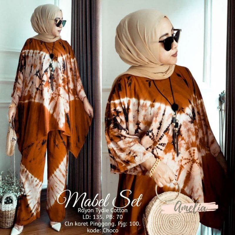 Mabel One Set Jumbo Rayon Tie Dye  Batik Premium Waka Waka Setelan Wanita Celana Panjang Set Bigsize LD 135 cm