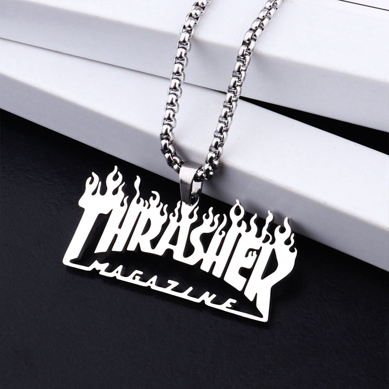 Kalung Dengan Liontin Desain Thrasher Magazine Flame Gaya Hip Hop Untuk Pria