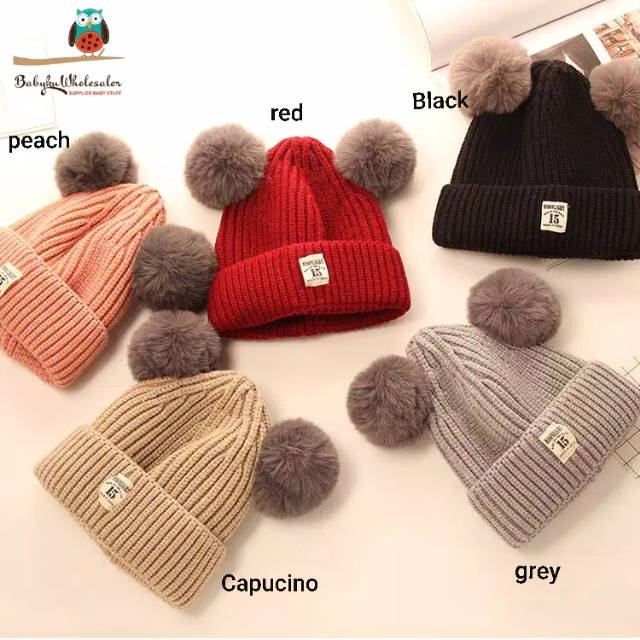 Topi kupluk anak rajut wol pom pom