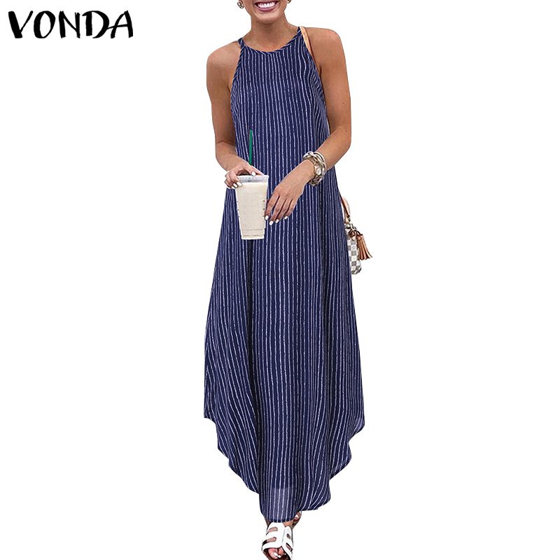Vonda Women Casual Striped Sleeveless Long Maxi Dress