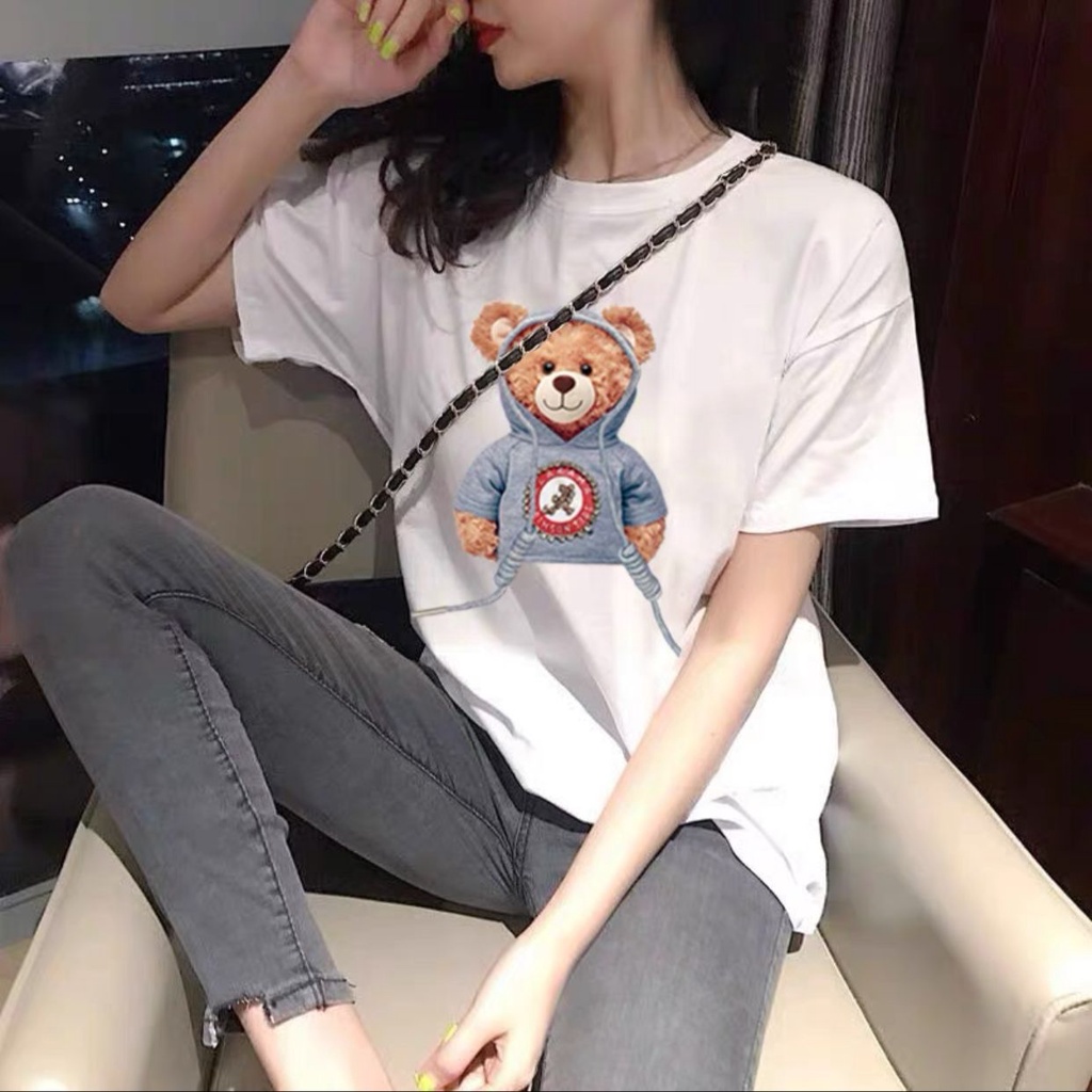 Oversize Tee Tshirt Wanita Model Longgar Motif Bear Teddy Sweater